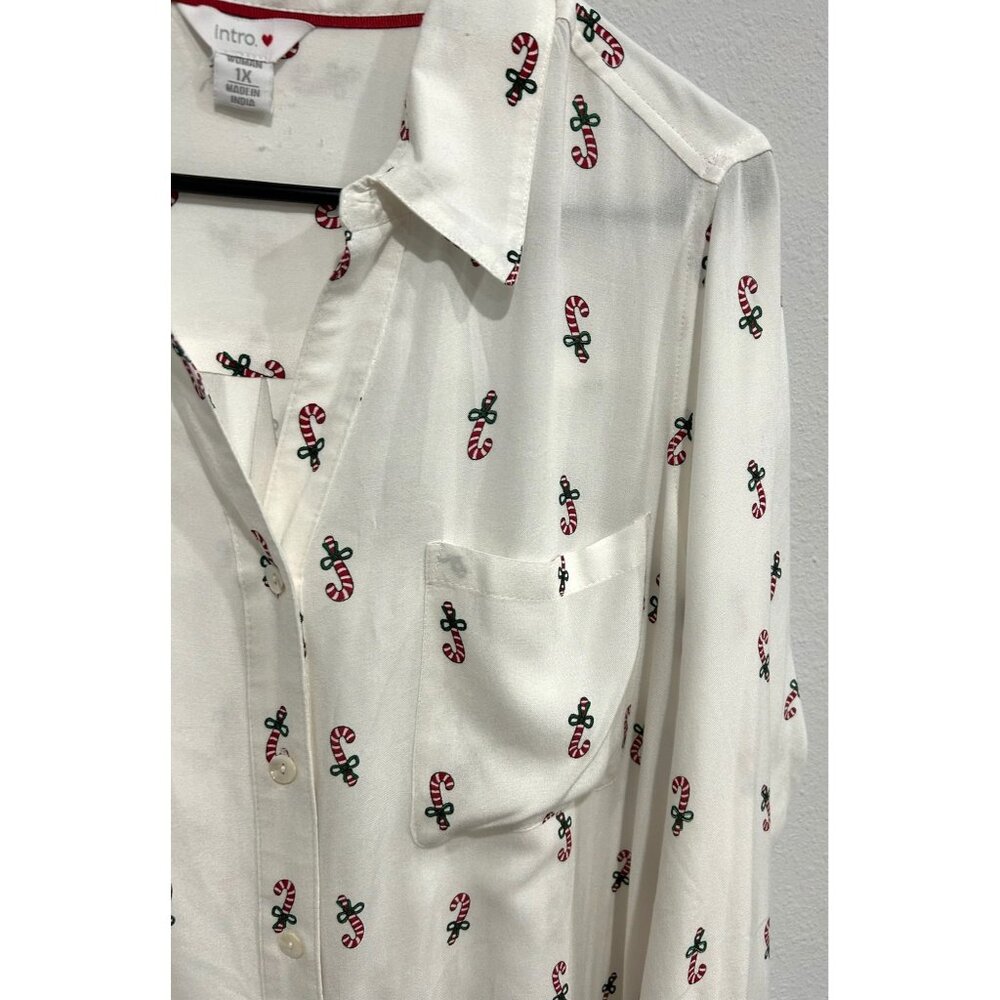 Intro Womans White Button-Up Blouse Candy Cane Pr… - image 4